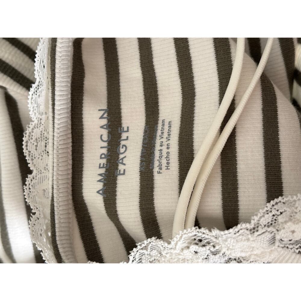 American Eagle Lace Trim Striped Cami Tank Top XS Olive Ivory Y2K Cottagecore - Picture 8 of 9